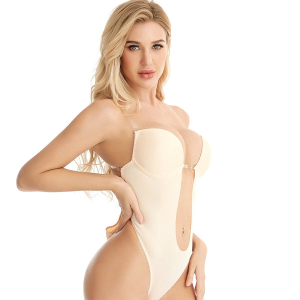 Noocuxuekon - Bodysuit Shapewear Deep V-Neck Body Shaper Backless U Plunge Thong Shapers Waist Trainer Women Clear Strap Padded Push Up Corset